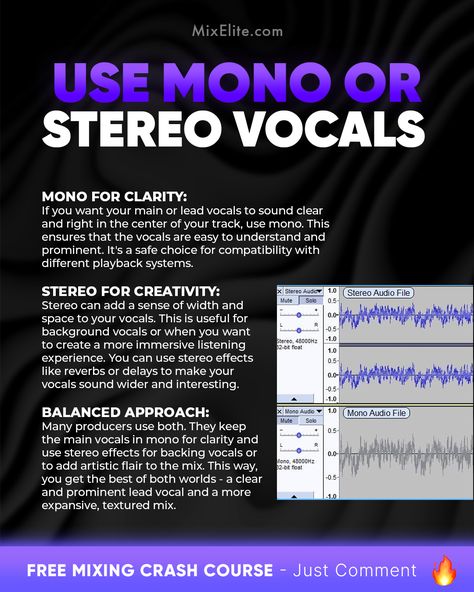 Free Mixing Crash Course 👉 MixElite.com/free-course  🎤 Mono vs. Stereo Vocals!    #MonoStereoVocals #MusicProduction #AudioMixing #VocalEffects #RecordingStudio #MusicProducer #SoundEngineering #MixingTips #HomeStudio #ProducerLife #AudioProduction #StudioGear #MusicMixer Music Mixing Cheat Sheet, Mixing Vocals, Vocal Mixing, Music Knowledge, Music Hacks, Music Basics, Music Engineers, Music Mixer, Recording Music