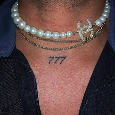 Really Rich Tattoo, Mens 777 Tattoo, Rosary Chest Tattoo, 777 Tattoo On Chest, Dior Tattoo, 777 Tattoo Ideas, Rich Tattoo, 17 Tattoo, Tattoo Ideas Women