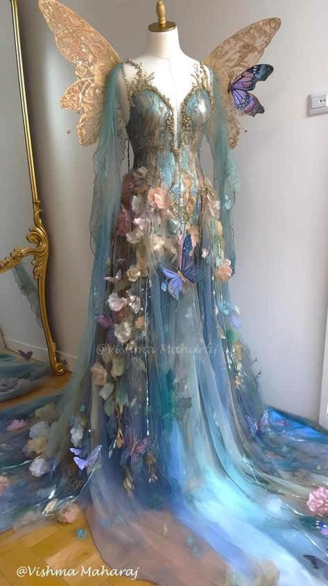 Flower Ball Gown Fairytale Fashion, Flower Themed Dress, Spring Court Fashion, Mythical Dresses, Fairy Queen Dress, Mystical Dresses, Fairy Tale Dresses, Blue Butterfly Dress, Faerie Fashion