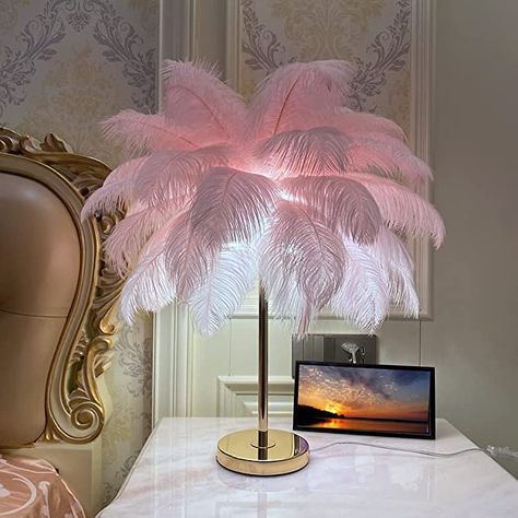 LINCWONZ Ostrich Feather Lamp Pink Talbe Lamps for Girls Bedroom Funky Unique Cute Bed Side Aesthetic Nightstand Gold Desk Light (Pink) Pink Feather Lamp, Bed Lamp Aesthetic, Pink Desk Lamp, Lamps For Girls Bedroom, Ostrich Lamp, Bedroom Funky, Nightstand Gold, Pink Penthouse, Ostrich Feather Lamp