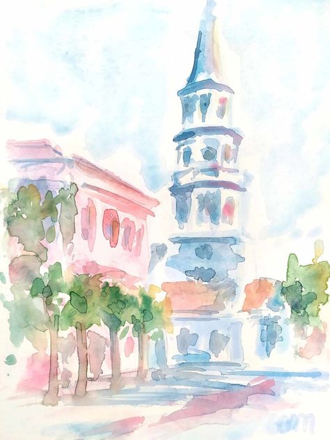 Set of 2 Charleston South Carolina Print Pastel Pink Watercolor Print Rainbow Row Printable Wall Art Church Street Print Instant Download - Etsy Pink Gallery Wall, Pretty Wall Art, Street Pictures, Rainbow Row, Dorm Wall Art, Preppy Southern, Pastel Print, Sketch Inspiration, Watercolor Walls