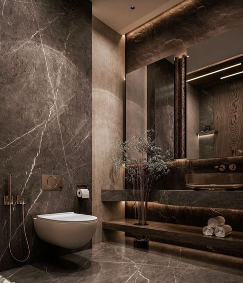 Facebook Big Dark Bathroom, Marble And Dark Wood Bathroom, Dark Spa Bathroom, Guest Toilet Luxury, Luxury Toilet Design Modern, Elegant Bathroom Luxury Modern, Dark Brown Bathroom Ideas, Bathroom Design Brown, Rich Bathroom Luxury