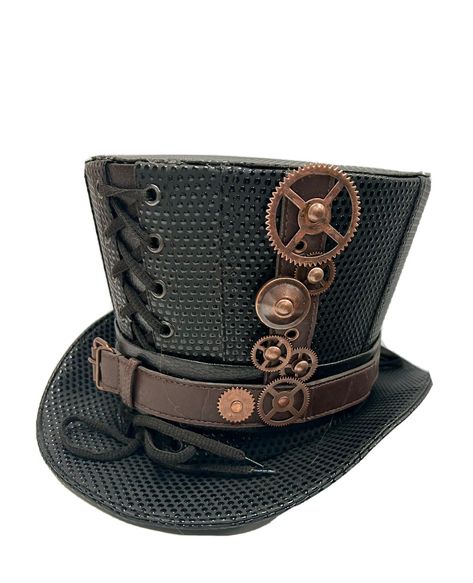 steampunk Top hat Gothic top hat. Hand crafted  This is a black textured leatherette  fabric with leatherete trim top hat  design Steampunk  top hat by SDL. It has a front and back corseted detail and metal cog detail please refer to photos .  Please note any markings or creases in the fabric is not a defect but characteristic and nature of the fabric . Any tracings of glue is not a defect this is a hand crafted hat  This is a size  59 Cm  Thank you for looking Steampunk Dragon, Steampunk Top, Steampunk Top Hat, Steampunk Dress, Gothic Tops, Steampunk Hat, Steampunk Wedding, Steampunk Accessories, Textured Top