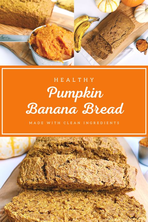 This pumpkin banana bread recipe has the delightful taste of pumpkin pie, in a delicious loaf of banana bread, made with healthy ingredients! Packed with whole grains but made without dairy or refined sugar, you'll love this fall treat as much as your waistline does ;) #pumpkinbread #bananabread #pumpkinbananabread Pumpkin Oatmeal Banana Bread, Healthy Banana Pumpkin Bread, Pumpkin Banana Bread Healthy, Healthy Pumpkin Banana Bread, Best Healthy Banana Bread Recipe, Best Healthy Banana Bread, Bread Without Sugar, Protein Bread Recipe, Pumpkin Banana Bread Recipe