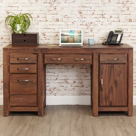 Mayan Walnut Computer Desk with Keyboard Tray Walnut Computer Desk, Dark Wood Desk, Desk Oak, Solid Oak Furniture, Home Office Computer Desk, Wood Office, Mahogany Furniture, Walnut Furniture, Pedestal Desk