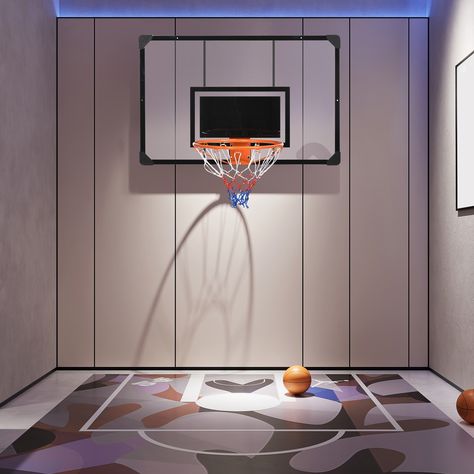 Descriptions: Mount this mini basketball hoop over the door, on the wall, or elsewhere set it up at a height to match your comfort level with the sport. Basketball Playroom, Basketball Theme Room, Sports Room Boys, Indoor Basketball Hoop, Basketball Room, Basketball Rim, Basketball Accessories, Basketball Backboard, Indoor Basketball Court