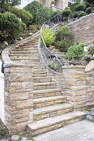 Stone Veneer Facade on Home Exterior Staircase Exterior Staircase, Planning Garden, Outdoor Living Deck, Planters Garden, Yard House, Pier Light, Stair Wall, Gardening Design, Gardening Landscaping