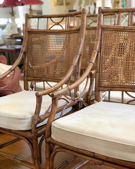 Faux Bamboo & Cane Dining Chairs, Set of 4 (1970) 🪑 This is a *stunning* set of four chinoiserie-style dining chairs made from faux bamboo. They have perfect cane seats with wood support underneath and cane backs. The chairs are perfect for so many decor styles including Palm Beach, coastal, or midcentury. They are well-built, sturdy, and perfect for daily use. Excellent vintage condition with only one small barely noticeable break to rattan in one spot! The least expensive comps sold for $5... Chinoiserie Furniture, Cane Dining Chairs, Dining Chairs Set Of 4, Bamboo Canes, Chinoiserie Style, Dining Chairs Set, Faux Bamboo, Dining Chair Set, Chinoiserie