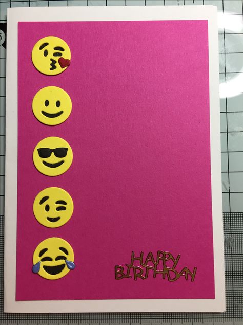 A6 pink child's happy birthday card made using spellbinders emojis die Graduation Card Ideas, Emoji Valentines, Emoji Ideas, Unique Snacks, Emoji Set, Board Crafts, Snacks Candy, Homemade Birthday Cards, Men's Cards