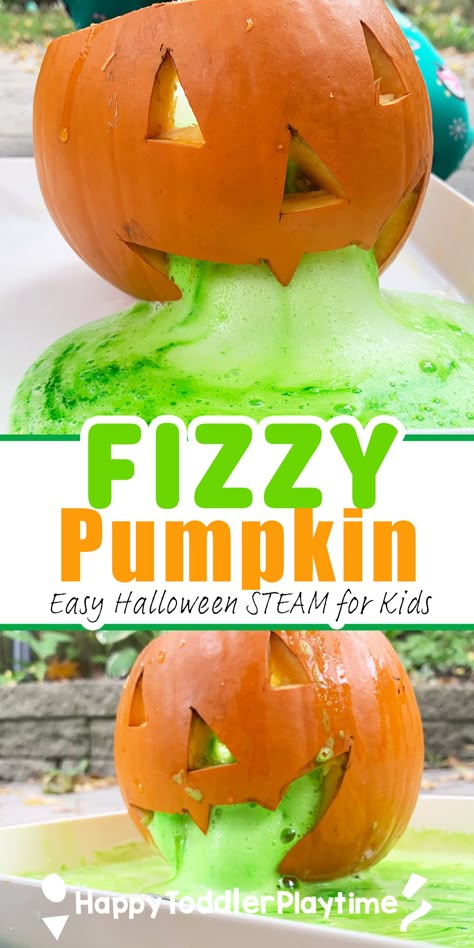 Fizzy Pumpkin Science Experiment for Halloween - Happy Toddler Playtime Pumpkin Fizz, Pumpkin Science Experiment, Halloween Experiments, Halloween Science Activities, Toddler Science, Science Activities For Toddlers, Pumpkins Preschool, Pumpkin Science, Halloween Activities For Toddlers