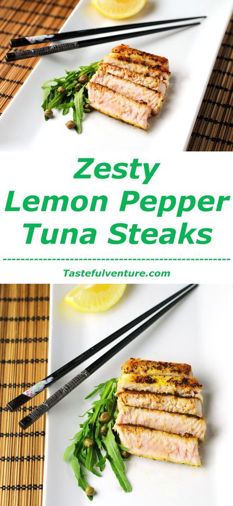 These Zesty Lemon Pepper Tuna Steaks can be cooked in under 10 minutes and are so delicious! | Tastefulventure.com Lemon Pepper Tuna, Grilled Tuna Steaks Recipes, Tuna Steak Recipes, Tuna Steak, Delicious Paleo Recipes, Antipasto Salad, Delicious Seafood Recipes, Tuna Steaks, Paleo Diet Recipes