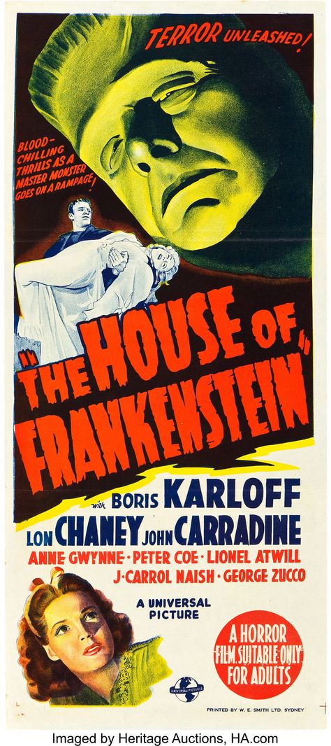 World's Largest Collectibles Auctioneer House Of Frankenstein, Universal Horror, Classic Horror Movies Posters, John Carradine, Old Movie Poster, Old Movie, Famous Monsters, Classic Movie Posters, Horror Posters