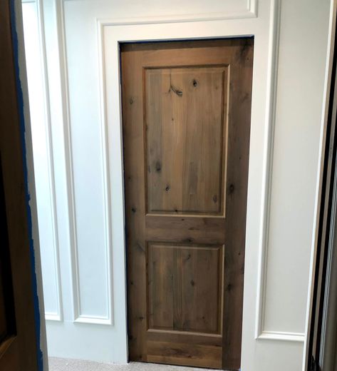 Rustic Stained Interior Doors, Hickory Interior Doors, Dark Stain Doors With White Trim, Stained Door With White Trim, Cabin Interior Doors, Dark Wood Doors Interior, Stained Knotty Alder Doors, Wood Stained Doors, Knotty Alder Trim