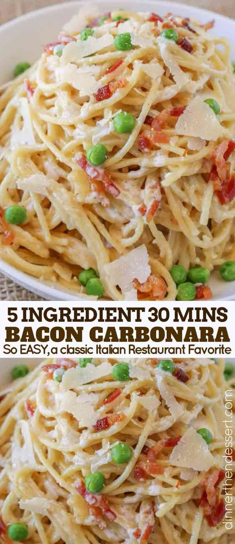 Bacon Carbonara Pasta is an Italian classic pasta dish with creamy egg sauce with noodles, pasta, eggs and bacon topped with salty Parmesan cheese in under 30 minutes. #pasta #bacon #creamy #italian #italianfood #carbonara #italianrecipes #dinner #kidfriendly #dinnerthendessert Bacon Carbonara Pasta, Bacon Carbonara, Pastas Recipes, 5 Ingredient Dinners, Cooking Pasta, Easy Bacon, Carbonara Recipe, Bacon Pasta, Pasta Carbonara