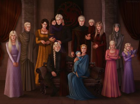 King Jaehaerys I Targaryen also known as “The Conciliator”, “The Wise” or “The Old King” with his wife “Good Queen” Alysanne Targaryen and their children (left to right): princess Daella, prince Vaegon, crown prince Aemon with his wife Jocelyn Baratheon and daughter Rhaenys, prince Baelon with his wife Alyssa and son Viserys, princess Maegelle, princess Saera and princess Viserra. The Queen holds princess Gael or “Winter Child” Targaryen Family Art, Alyssa Targaryen Fanart, Baelor Breakspear, Queen Alysanne, Jocelyn Baratheon, Disney Characters Lion King, Alysanne Targaryen, Asoiaf Fanart, Aemon Targaryen