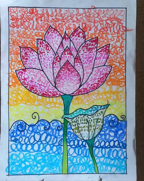 Easy lotus drawing with scribbling and texture Easy Lotus Drawing, Lotus Scenery Drawing, Lotus Oil Pastel, Lotus Drawing For Kids, Lotus Colour Pencil Drawing, Lotus Flower Indian Art, Lotus Drawing, Marker Painting, Lotus Art