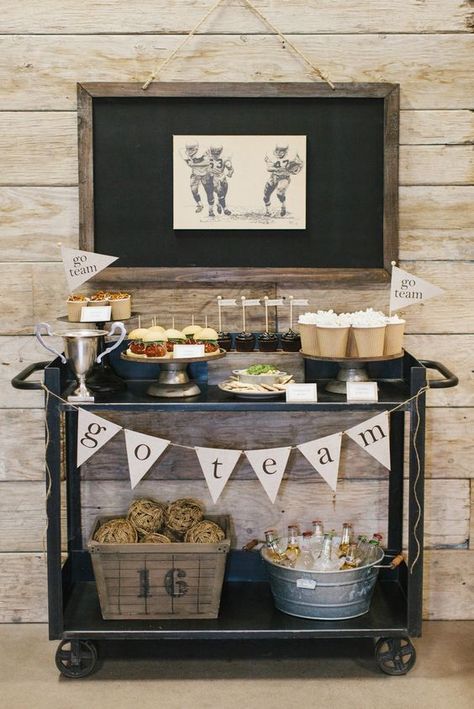 Try this look for your kickoff football party this season! #footballparty #footballpartydecorations #footballpartyideas #footballpartyfavors #footballpartyfoodappetizers #barcart Boho Football Party, Fancy Football Party, Classy Football Party, Vintage Football Party, Football Party Food Appetizers, Superbowl Party Decorations, Fantasy Football Humor, Football Party Favors, Football Banquet