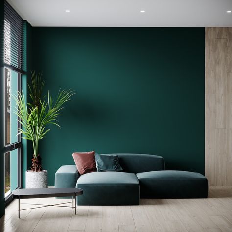 Accent Wall Colors: Stunning Accent Wall Paint Ideas | Robern One Color Accent Wall, Room Accent Wall Ideas Paint Colors, Living Room Accent Wall Paint Colors, Luxury Wall Color, Behr Living Room Paint, Emerald Green Accent Wall Living Room, Two Accent Walls, Japandi Library, Accent Walls In Living Room Ideas Paint