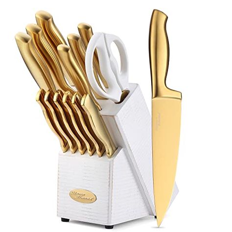 Golden Kitchen, Gold Kitchen Accessories, Stainless Steel Knife Set, Kitchen Knife Set, Stainless Kitchen, White Wash Finish, Kitchen Spoon, Wood Knife, Charming Kitchen