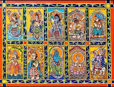 Dashavatara Paintings, Sequence Art, Phad Painting, Mithila Art, Mithila Painting, Gond Painting, Kalamkari Painting, Acrylic Painting Diy, Pichwai Paintings