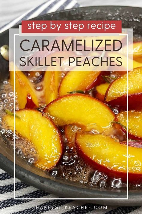 This easy skillet-fried peach recipe is incredibly delicious for something so easy to make. If you are looking for a quick fresh dessert to serve, this is it! These caramelized peaches come with just 4 ingredients and take less than 10 minutes of hands-on time from start to finish. Perfect on its own or served over ice cream, whipped cream, or coconut cream – this skillet will be your go-to summertime treat! #bakinglikeachef #caramelpeaches #friedpeaches | www.bakinglikeachef.com Cooked Peaches And Ice Cream, Frozen Sliced Peaches Recipe, Pan Cooked Peaches, Peaches Over Ice Cream, How To Use Fresh Peaches, Sauteed Peaches And Ice Cream, Fried Peaches And Cream, Peaches And Whipped Cream, How To Cook Fresh Peaches