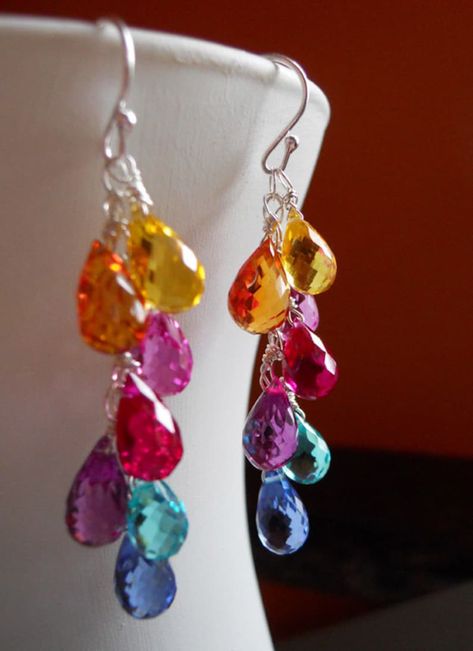 Long Beach Ny, Droplet Earrings, Beaded Earrings Diy, Color Quartz, Multicolor Earrings, Rainbow Necklace, Earring Gift, Earrings Inspiration, Earring Tutorial