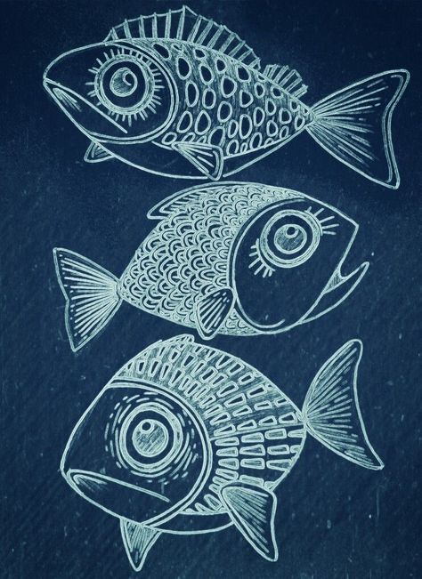 Blue And White Art Aesthetic, Artsy Fish Drawing, Fish School Drawing, Fish Marker Drawing, Japanese Fish Drawing, Drawing Ideas Fish, Colorful Fish Drawing, Sea Fish Drawing, Ocean Fish Drawing