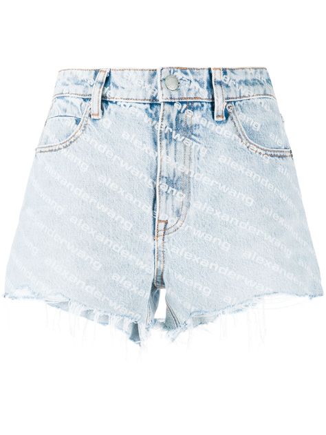 Pebble bleach blue cotton-denim Bite high-waisted denim shorts from ALEXANDER WANG featuring front button and zip fastening, belt loops, belt loops, classic five pockets, all-over logo print and frayed edge. Alexander Wang Jeans, Look Festival, Short Jeans, Shorts Jeans, High Waisted Shorts Denim, High Rise Shorts, Short En Jean, Shirt Skirt, High Waisted Denim