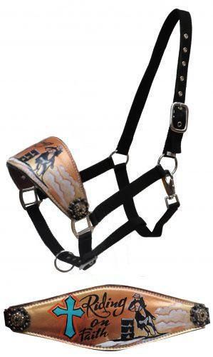 Showman Hand Painted Metallic "Riding on Faith" Bronc Halter Bronc Halter, Ranch Dress, Wither Strap, Barrel Racing Tack, Barrel Saddle, Cowgirl And Horse, Western Boutique, Rodeo Shirts, Horse Supplies