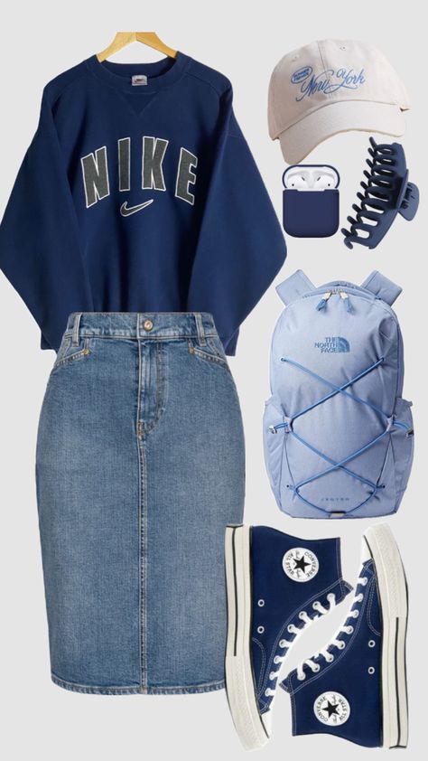 #modestfashion #fallfashion #aesthetic #skirt #modestoutfit #christiangirl #schoolfit #winteroutfit #casualoutfit #blueaesthetic #navyblue Aesthetic Skirt, Converse Sneakers, Fall Outfit, Converse, Energy, Skirt, Sneakers