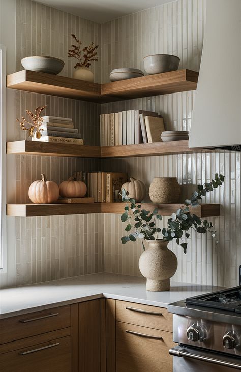 23+ Perfect Fall Decor Ideas For Inside Your Home in 2024 Fall Kitchen Open Shelves, Indoor Fall Decor Ideas, Neutral Fall Decor Ideas, Indoor Fall Decor, Fall Apartment Decor, Fall Mantle Decor, Modern Fall Decor, Fall Room Decor, Easy Fall Decor