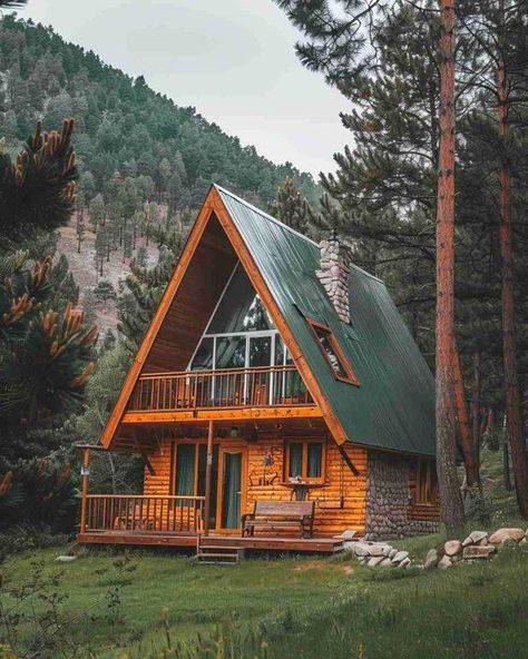 Mountain Cabin Interiors, Frame Cabins, White Cabin, A Frame Cabin Plans, Triangle House, A Frame Cabins, A Frame House Plans, Forest Cabin, Frame Cabin