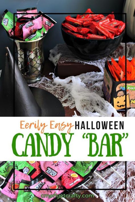 🎃🍬 Get ready for Halloween with a budget-friendly DIY Candy Bar! This guide shows you how to create a stunning, festive candy display that doubles as Halloween decor. Learn how to use everyday items like platters and candle holders to make a visually appealing candy station. Perfect for family gatherings or a Halloween party! Save on treats with smart buys like Hershey’s variety bags and add a touch of spookiness with simple decorations. Halloween Harry Potter Decorations, Halloween Candy Table, Halloween Party Candy, Candy Bar Table, Diy Halloween Candy, Disney Crafts For Kids, Diy Candy Bar, Halloween Candy Bar, Kids Party Crafts