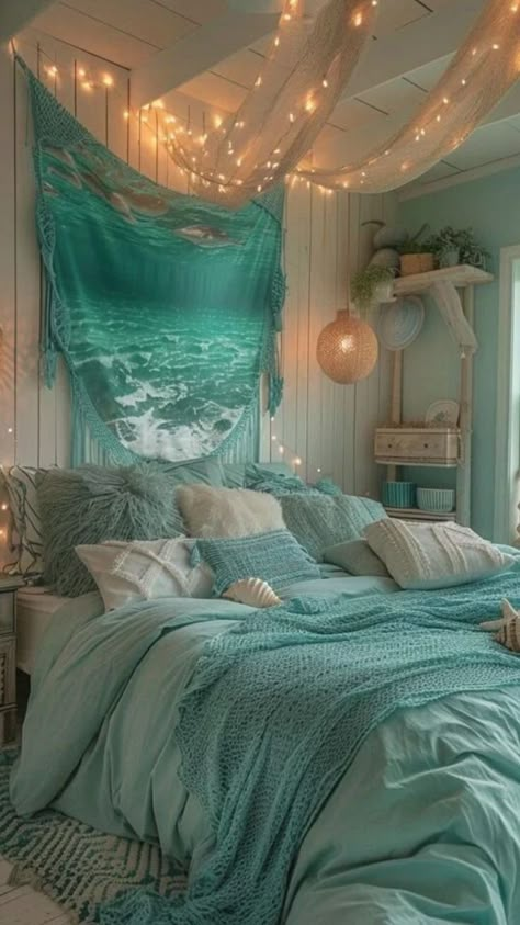 Beach Themed Bedroom Ideas For Adults, Cute Ocean Room Ideas, Ocean Inspired Room, Underwater Theme Bedroom, Ocean Room Aesthetic, Beach Room Ideas, Ocean Inspired Bedroom, Blue Themed Bedroom, Surf Room Decor