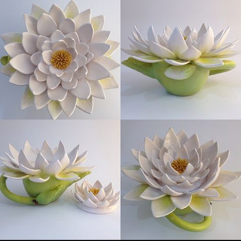 Water Lily. One of my latest teapots in the Bloom: A celebration of Spring exhibition at the Kerrie Lowe Gallery  by hopnfrogpottery Ceramic Water Lily, Sculpting Flowers, Frog Pottery, Crafting Flowers, Monet Garden, Paris Flowers, Beverage Bar, Polymer Flowers, Lilly Flower