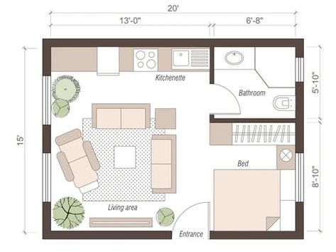 300-sqft Studio Apartment Layout Ideas with Plans and Tips – Diyversify Sf Studio Apartment, Studio Layout Ideas, Guest House Tiny, Boutique Hotel Ideas, Apartment Layout Ideas, 300 Sq Ft Studio Apartment, 300 Sq Ft Studio, Small Apartment Layout, Studio Apartment Floor Plans