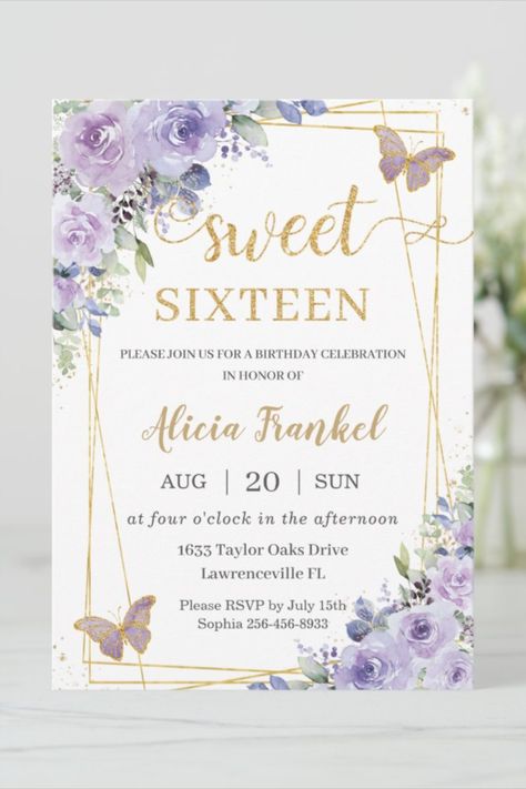 Sweet 16 Sixteen Purple Lilac Floral Butterflies Invitation #birthday #happybirthday #birthdaycards #birthdayparty #turningsixteen #16thbirthday #sweetsixteen #floral #butterfly Sweet 16 Purple Butterfly Theme, Birthday Party Ideas Sweet 16, Lilac Sweet 16, Party Ideas Sweet 16, Butterfly Sweet 16, Purple Sweet 16, Sweet 16 Themes, Butterfly Invitations, 16th Birthday Invitations