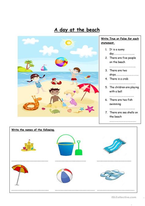 A day at the beach - English ESL Worksheets for distance learning and physical classrooms At The Beach Worksheet, Beach Worksheet, English Conversation Worksheets, Beach Vocabulary, Landforms Worksheet, Communicative Language Teaching, Picture Comprehension, Beach Words, Creative Template Design