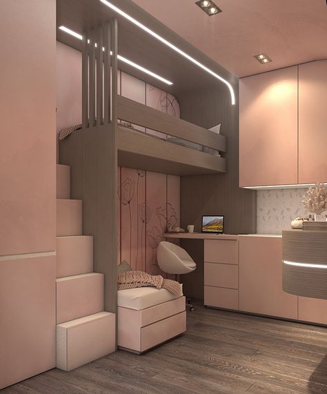 Small spaces, according to client requirements, utilizing space,two beds in the room ,and a lot of storage plus a place for study light pink and wood Bedroom Mezzanine, Mezzanine Bedroom, Tropical Interior, Home Decor Quotes, Wall Decor Design, Home Decor Paintings, Rooms Home Decor, Home Decor Tips, Minimalist Home