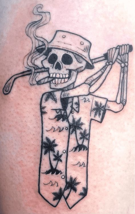 Golf Tattoo Design Images (Golf Ink Design Ideas) Skeleton On Beach Tattoo, Vintage Tattoo Sleeve, Golf Tattoo, Simple Leg Tattoos, Traditional Tattoo Man, Virgo Tattoo Designs, Cowboy Tattoos, Skull Sleeve Tattoos, Skull Sleeve