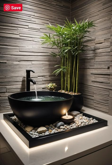 Bathroom Decor Plants Modern, Black Theme Home Decor, Spa Bathroom Lighting Ideas, Black And White Bathroom Ideas Modern, Budget Interior Ideas, Bamboo Decor Ideas, Asian Inspired Bathroom, Exotic Bathrooms, Asian Bathroom Ideas