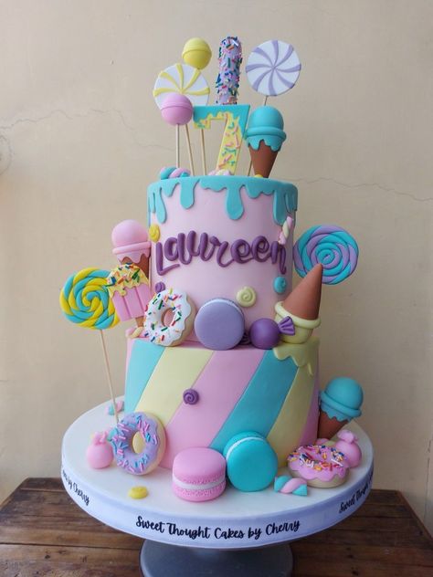 Bakery Girl Aesthetic Candyland 2 Tier Cake, Bakery Girl Aesthetic, Candy Theme Cake, Sugar Free Pastries, Birth Cakes, Candyland Theme, Candyland Cake, Candy Land Birthday Party, Making Cakes