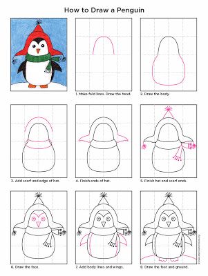 Art Projects for Kids: How to Draw a Penguin #artprojectsforkids Art 2nd Grade, Penguin Project, Draw A Penguin, Trin For Trin Tegning, Classe D'art, Winter Art Lesson, Penguin Drawing, 2nd Grade Art, Winter Art Projects