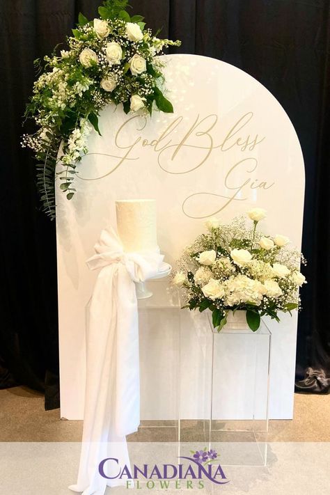 White roses & babies breath beautifully accent Baby Gia's cake and backdrop. Baptism Backdrop, Communion Decorations, Baptism Decorations, Babies Breath, Baby Baptism, Backdrop Decorations, Flower Backdrop, Holy Communion, White Roses