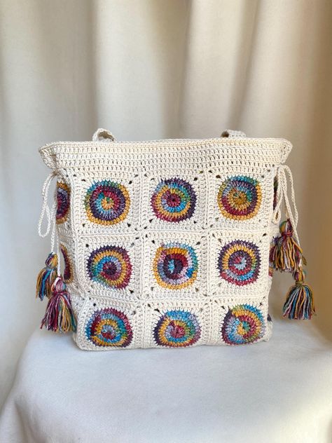 Granny Square Bag, Crochet Handle Bag, Crochet Bag, Crochet boho bag, Colorful bag, Tote Bag by LaviniaCrochetStore on Etsy Granny Square Bag Crochet, Square Bag Crochet, Sac Granny Square, Crochet Handles, Crochet Boho Bag, Handmade Crochet Bags, Granny Square Bag, Crochet Boho, Colorful Bags