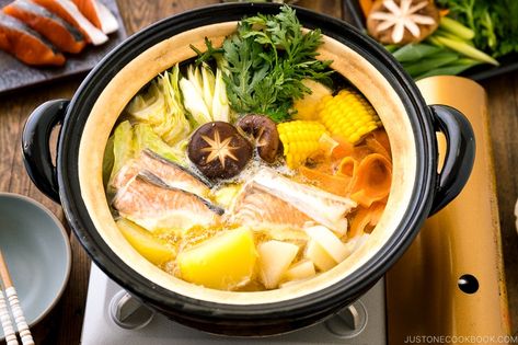 Hokkaido Salmon Hot Pot (Ishikari Nabe) Nabe Recipe, Salmon Potatoes, Potatoes And Corn, Hot Pot Recipe, Vegan Japanese, Just One Cookbook, Easy Japanese Recipes, Seasoned Rice, Japanese Cooking