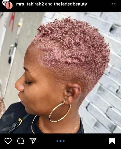 Rose Gold Short Hair, Curly Pink Hair, Rose Blonde Hair, Hair Color For Dark Skin, Natural Hair Haircuts, Blonde Natural Hair, Short Shaved Hairstyles, Tapered Natural Hair, Hair Color Rose Gold