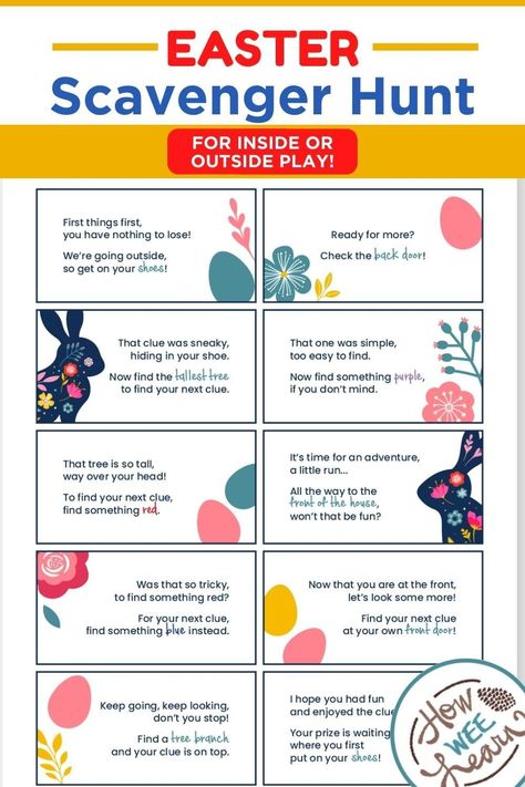 Rainy Easter day? No Problem! This Easter Scavenger Hunt can be done outdoors or indoors! You can print this free Easter game template right at home and create a fun activity for the whole house! Add extra prizes with each printable card to help keep the excitement going even more. #eastergames #easterforkids Easter Egg Hunt Riddles For Kids, Easter Hunt Ideas For Toddlers, Toddler Easter Scavenger Hunt, Easter Activities At Home, Kids Easter Scavenger Hunt, Outdoor Easter Scavenger Hunt Clues Free, Easter Hunt Ideas For Older Kids, Free Easter Scavenger Hunt Printables, Easter Scavenger Hunt Clues For Outside