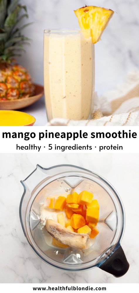 Pineapple Protein Smoothie, Pineapple Smoothie Healthy, Best Vegan Protein Powder, Pineapple Smoothie Recipes, Mango Pineapple Smoothie, Mango Smoothie Recipes, Protein Fruit, Banana Drinks, Mango Pineapple