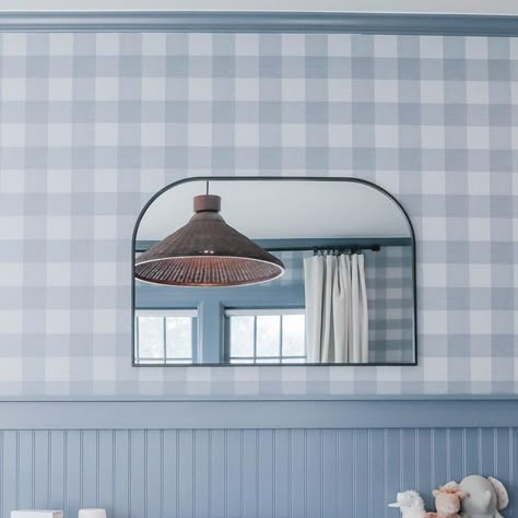 Chasing Paper Wallpaper on Instagram: "Baby blue 💙love seeing how @sharrahstevens used Big Gingham wallpaper from @maxwhumphrey’s collection. Sweet for a little one but could so easily transition to a big boy room and beyond!  #peelsticklove" Navy Gingham Wallpaper, Gingham Wallpaper Bedroom, Wallpaper Half Wall, Blue Gingham Wallpaper, Gingham Wall, Chasing Paper Wallpaper, Boys Room Blue, Gingham Wallpaper, Chasing Paper